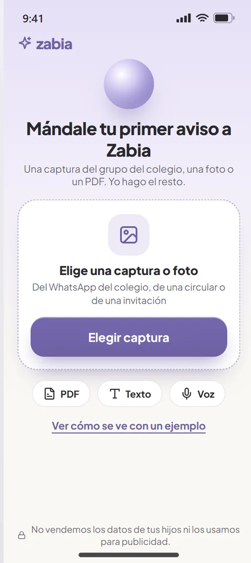 Pantalla para mandarle tu primer aviso a Zabia