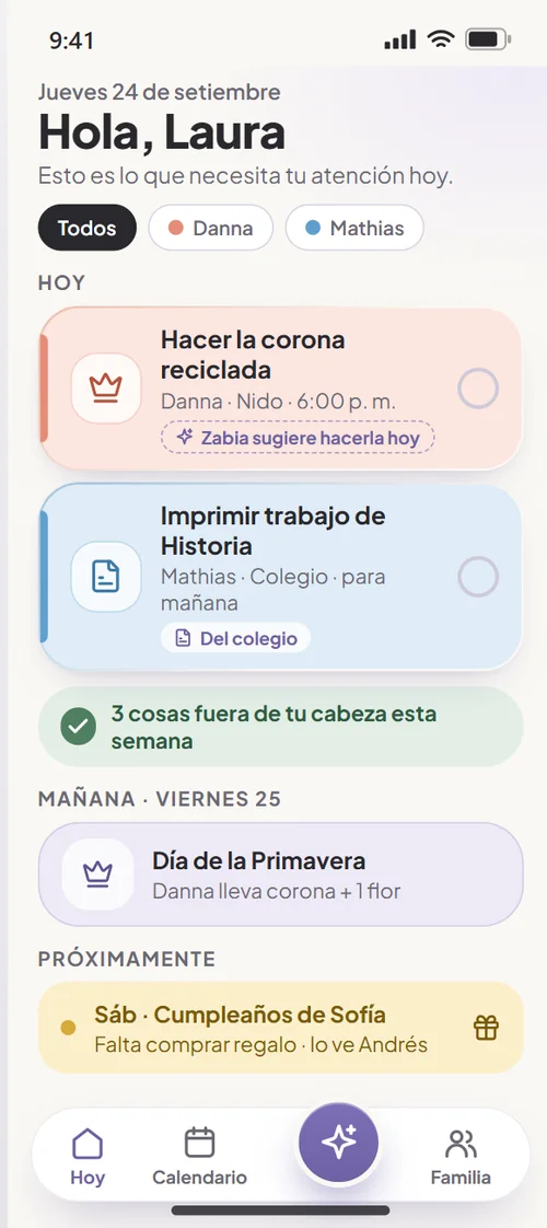 Pantalla Hoy con las tareas de cada hijo