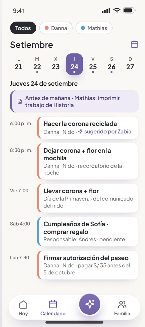 Calendario del día y la semana con filtro por hijo
